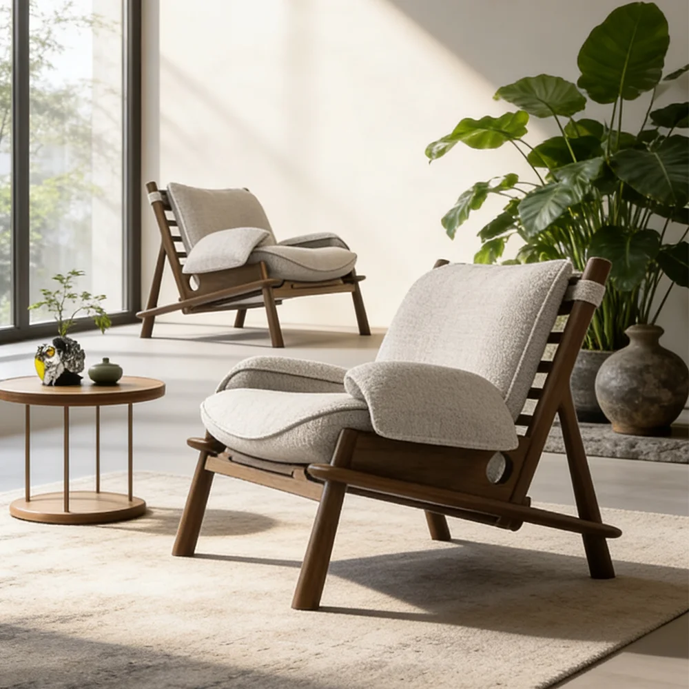 

#Nordic Minimalist Single Sofa Chair Solid Wood Frame Fabric Upholstered Armchair Leisure