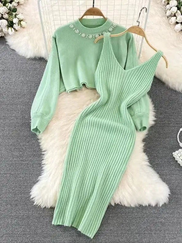 Korean Elegant Two-piece Dress Sets Women O-neck Long Sleeves Knitted Sweater + Long Slip Dress Autumn Winter Y2K Skirts Suit