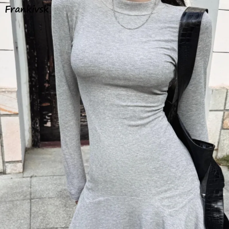 Three Colors Mini Dresses for Women Temperament Korean Style Half High Collar Streetwear Elegant Party Daily New Arrival Spring