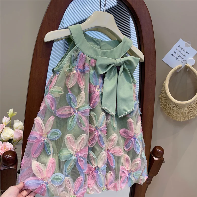 Girls Bowknot Dress 2024 Summer New Princess Dresses Little Girl Fashion Colorful Flower Yarn Dress Kids Sleeveless Party Gown