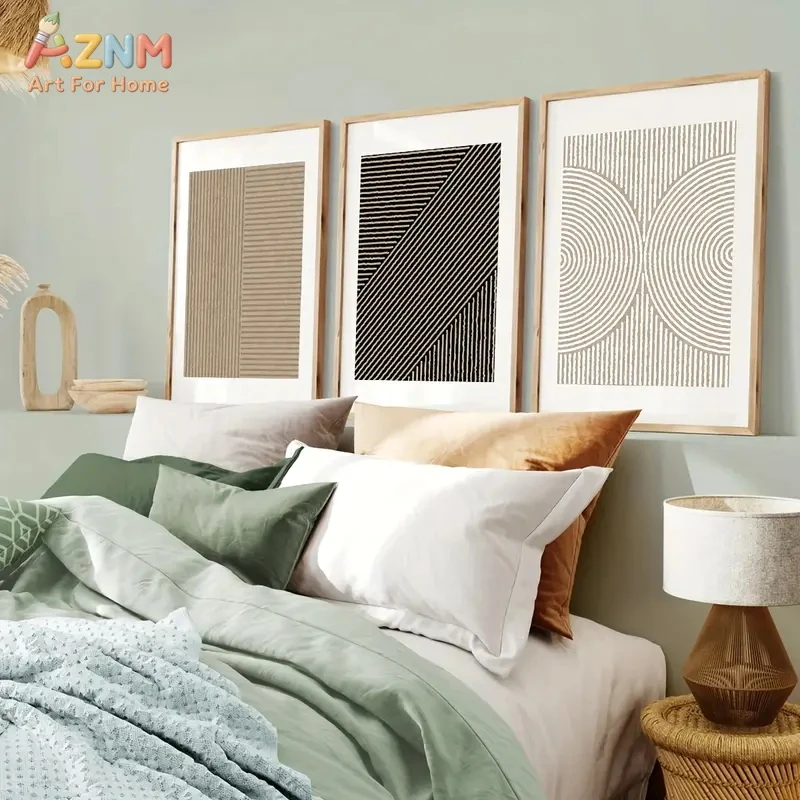 3PCS Neutral Black Beige Geometric Line Art Canvas Wall Art Set Modern Abstract Stripes and Circles Prints Posters Minimalist Wa