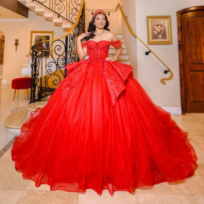 

Red Shiny Quinceanera Dresses Off The Shoulder Applique Beading Crystal Tull Party Birthday Sweet 16 Dress Vestidos 15 Anos