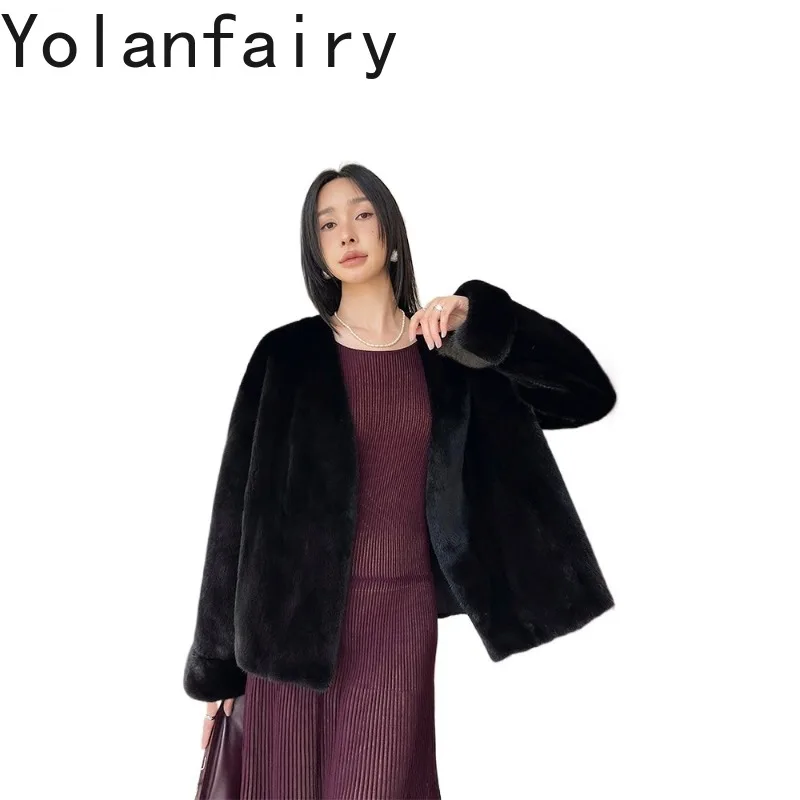 YOLANFAIRY Real Mink Fur Coat Woman Young Style Short Velvet‑Grade Whole Mink Natural Fur Jacket Warm Luxury Women Clothing 60cm