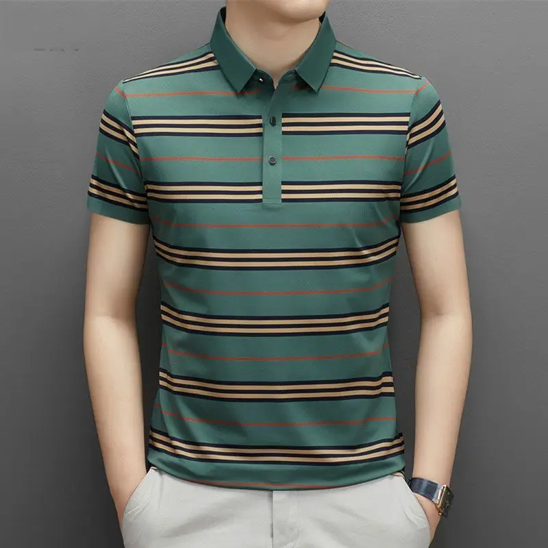 Summer Smart Casual Short Sleeved Polo Shirt Men\'s Lapel Button Print Casual Stripes Ice Silk Seamless Loose Versatile Thin Top