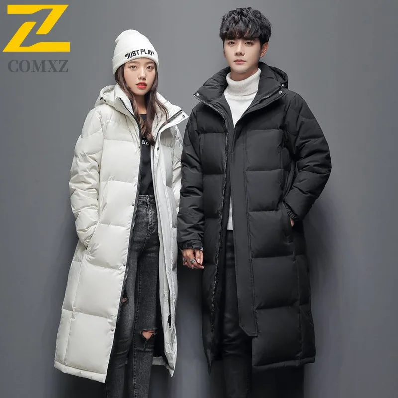 

COMXZ Puffer Jacket Neutral Solid Color Hooded Camping Windproof Knee Length Parka Casual Streetwear Style Warm Winter Garment