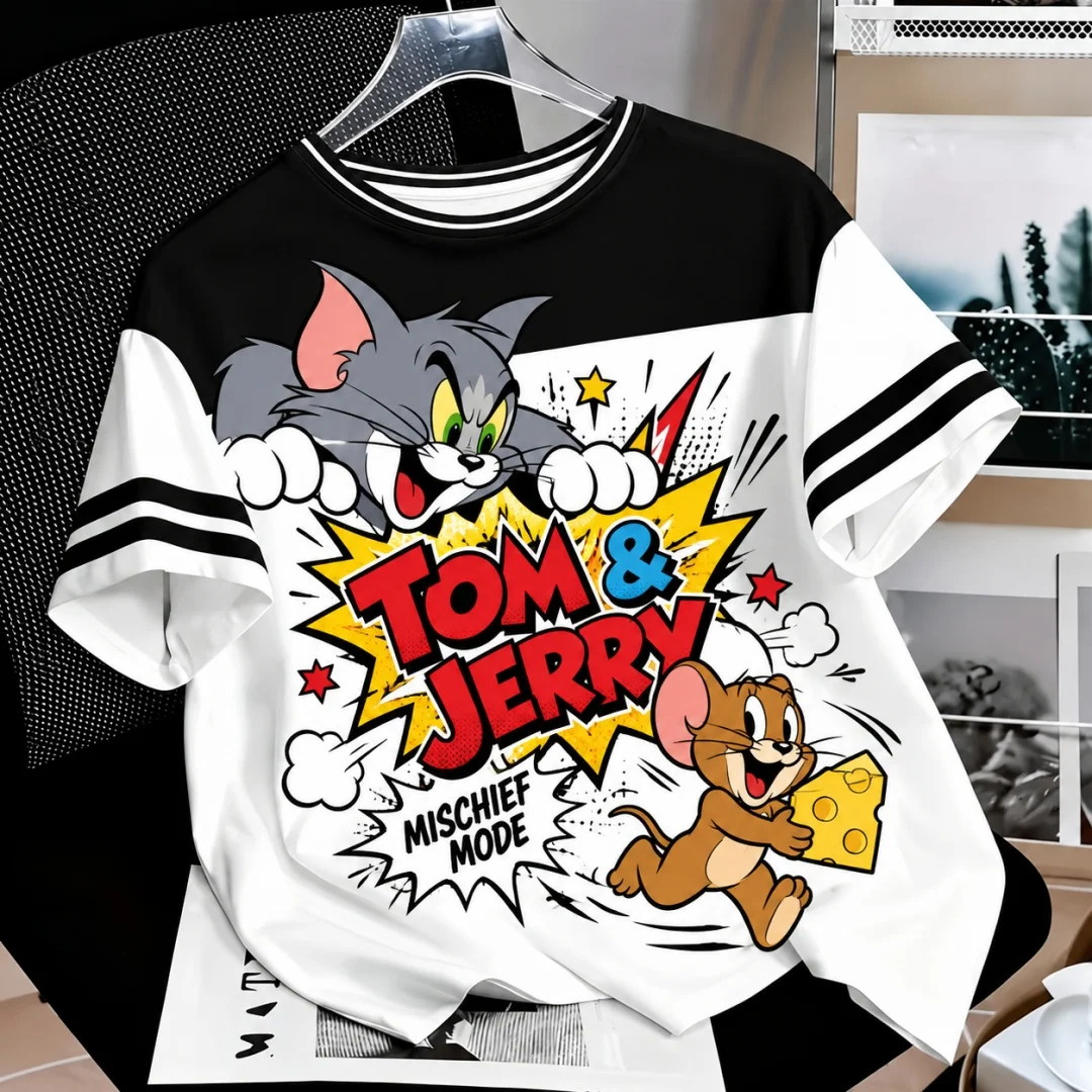 Tom & Jerry Graphic T Shirt Men Women Vintage Cartoon Print Stripe Sleeve Colorblock Short Sleeve Daily Tees Kids Tshirt ﻿