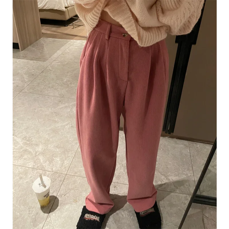 Corduroy Trousers Autumn Winter Women Long Pants High Waist Loose Solid Color Plus Velvet Thick Apricot Korean Ins Casual Bottom