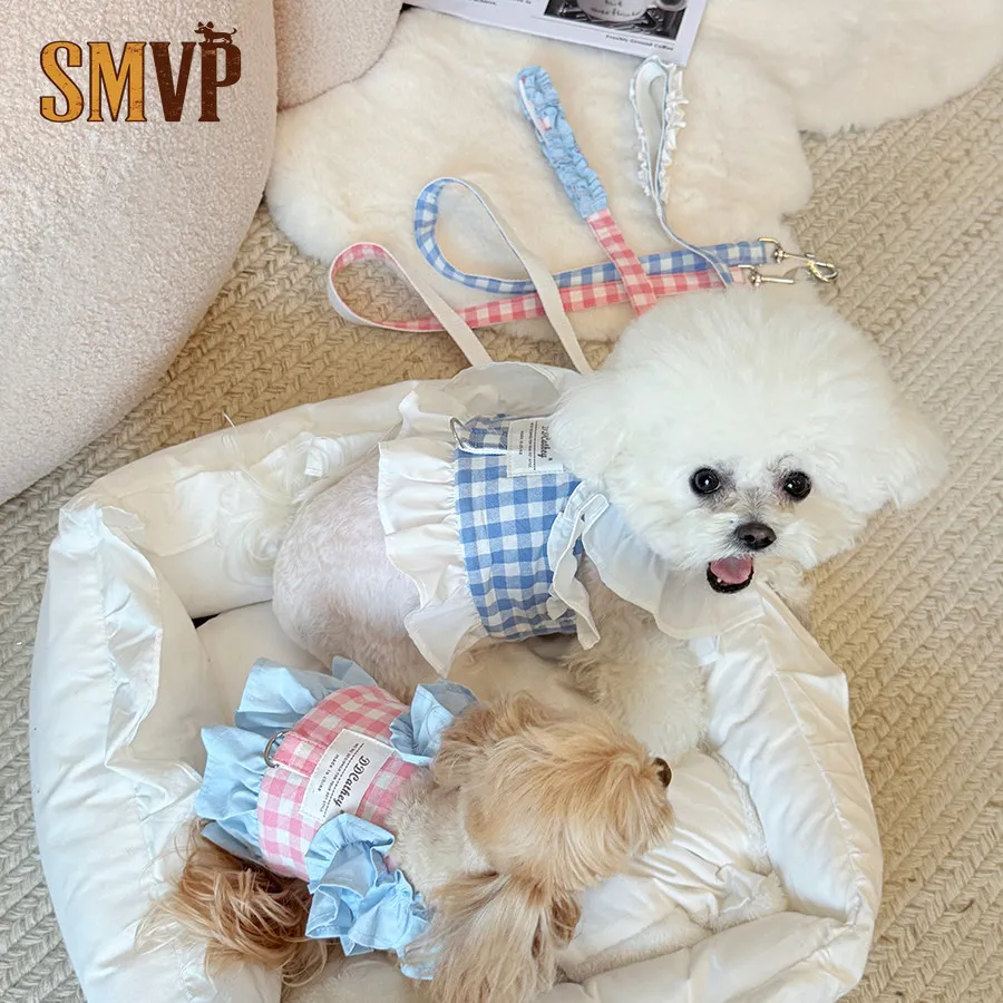 

Весенне-летний розово-голубой клетчатый поводок-шлейка для маленьких и средних собак для прогулок