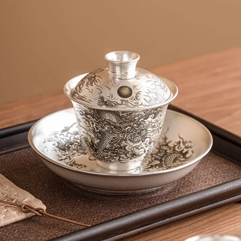 Dragon Play Pearl 999 Pure Silver Porcelain Body Gilded Silver Three Talent Cover Bowl Single High end Chinese Tea Set Tea Bowl