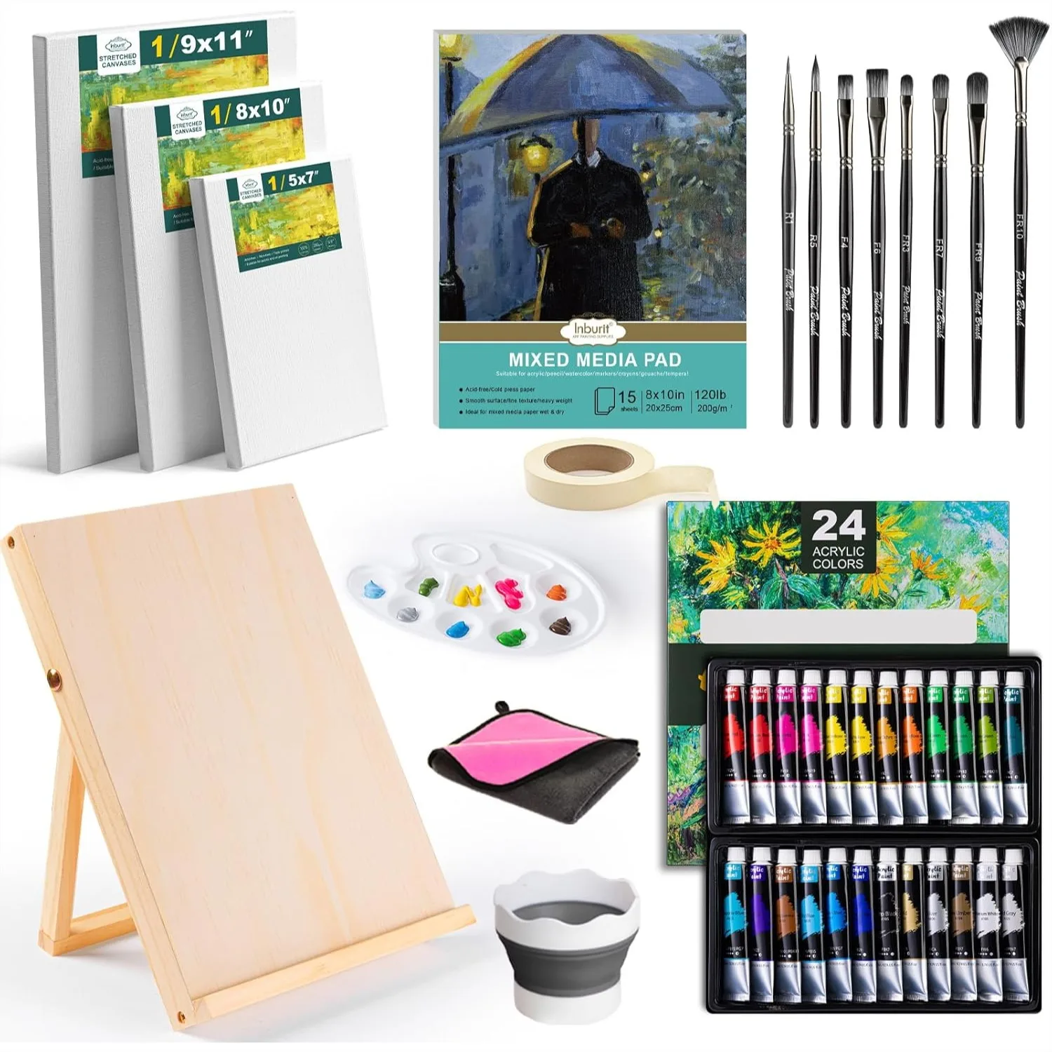 

Acrylic Paint Set with 24 Colors, 8 Brushes, Wooden Easel, Palette, Painting Supplies for Kids Adults Beginners