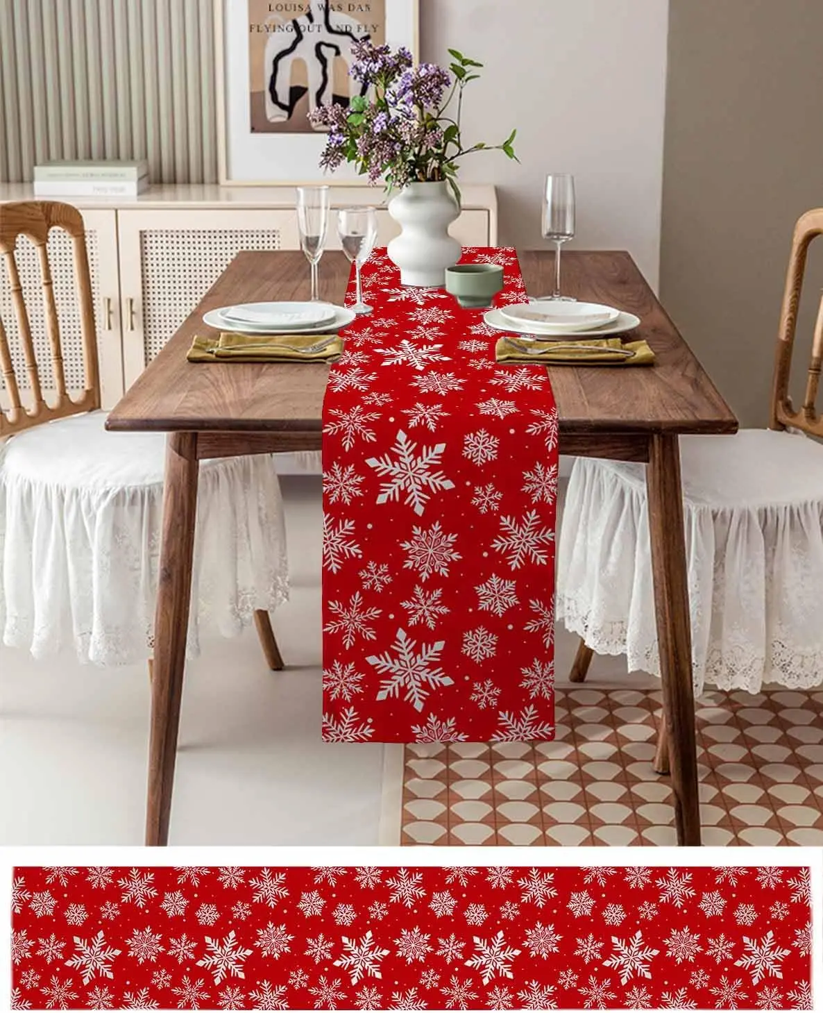 Christmas Snowflakes Red Linen Table Runner Party Decor Reusable Winter Xmas Kitchen Dining Table Runners Christmas Decorations