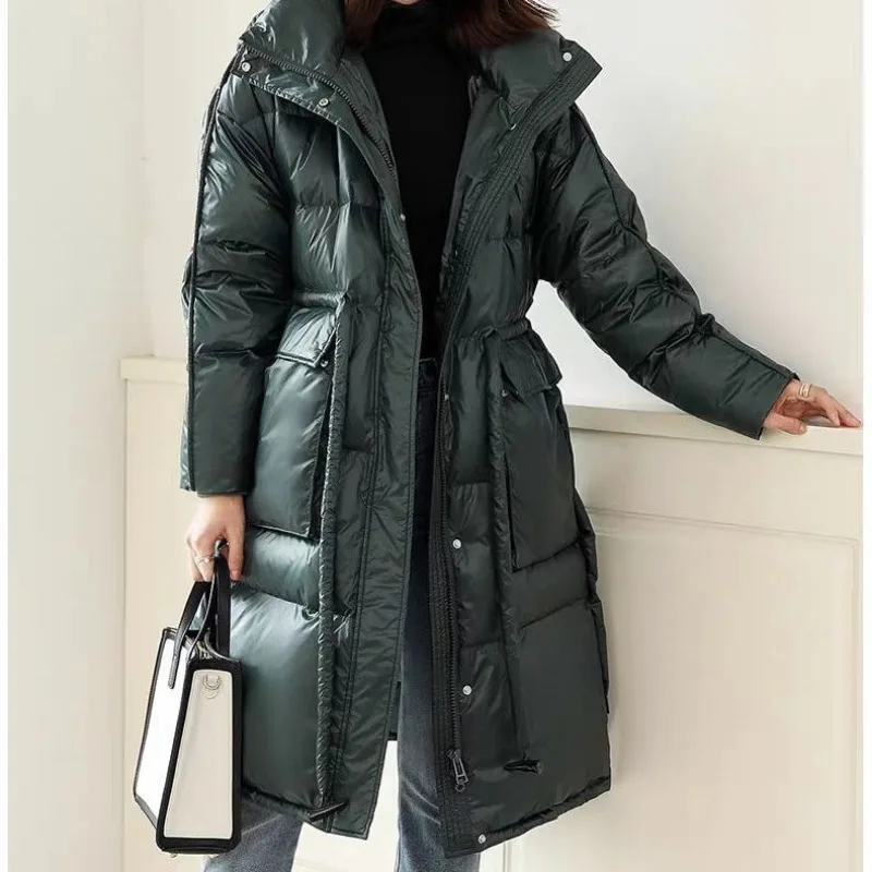 

2023 New Women Down Jacket Winter Coat Female Mid-length Loose Parkas Thicken Warm Lacing Outwear A-line Cape Hooded Overcoat