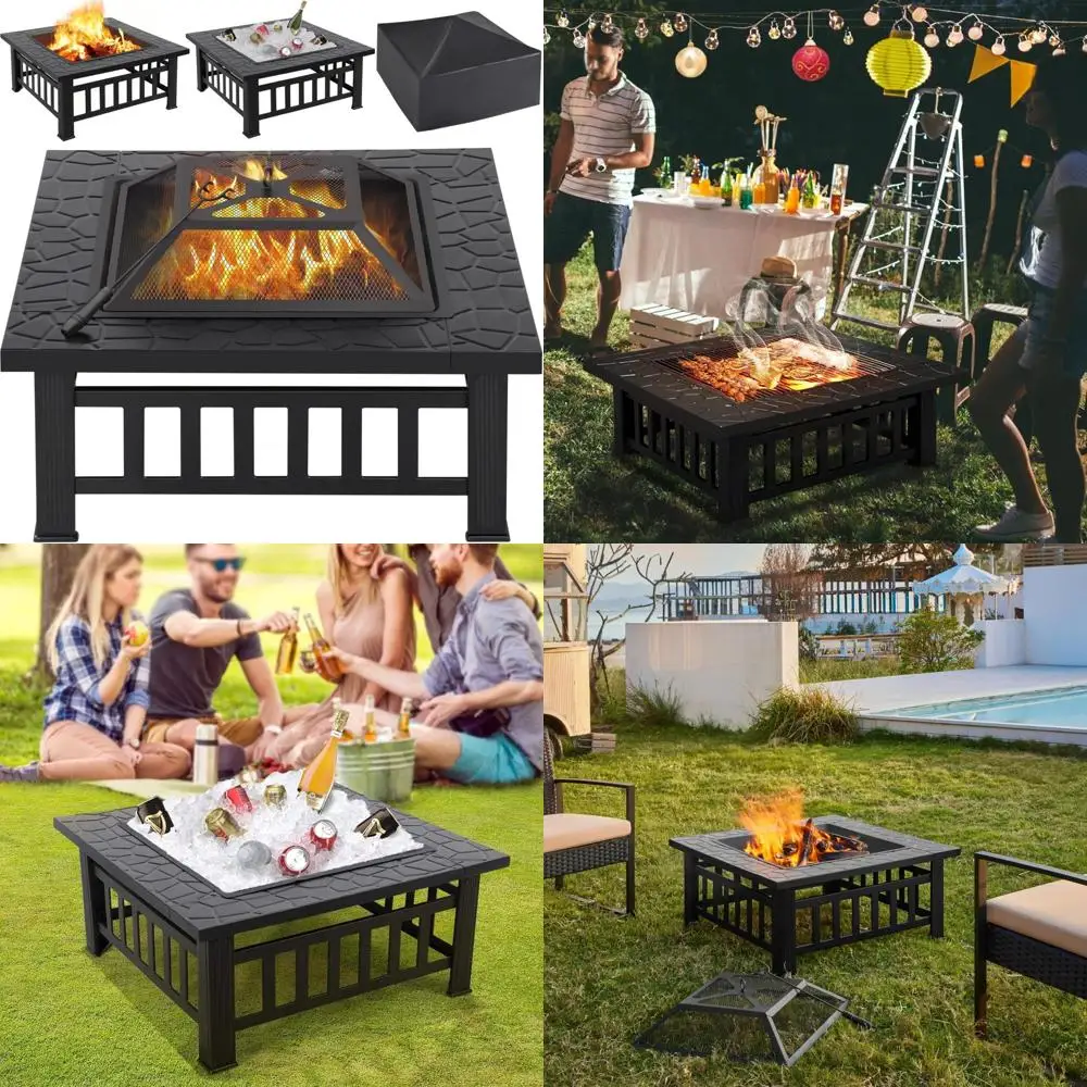 

square 32" outdoor fire pit table with metal stove for patio, garden, and camping use