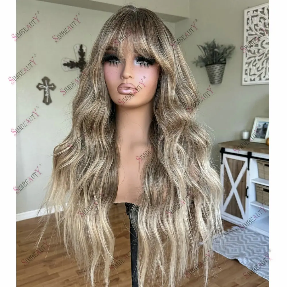 Damen-Remy-Echthaar-Perücke aus europäischem Haar mit transparenter Spitze, Ombre Hellbraun Aschblond mit Pony, 13x6 Lace-Frontal-Perücke – Detail 3
