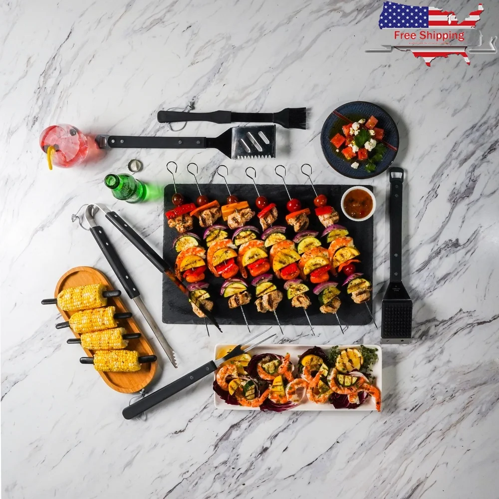 

20 Piece Portable Barbecue Tool Set with Sturdy Stainless Steel 4 in 1 Spatula Tongs Skewers Basting Brush Grill Brush Corn