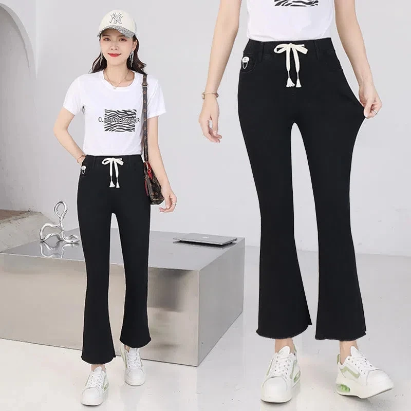 Koreanische Mode knöchel lange Flare Jeans Frauen schnüren elastische hohe Taille dünne Schlag hosen Vaqueros lässige schlanke Jeans hose