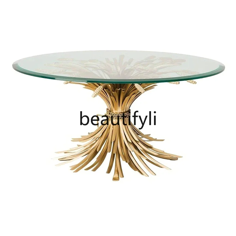 Italian light luxury glass dining table modern art creative living room household stainless steel rice ears round dining table