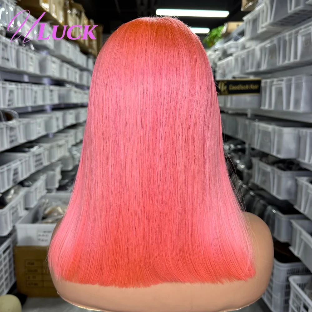 วิกผมบ๊อบสั้นตรงสีชมพูโรสพิงค์ ยี่ห้อ Uluck  วิกผมแท้แบบ Double Drawn Remy ความหนาแน่น 200% วิกผมหน้าผากลูกไม้ 13x4 สำหรับผู้หญิง