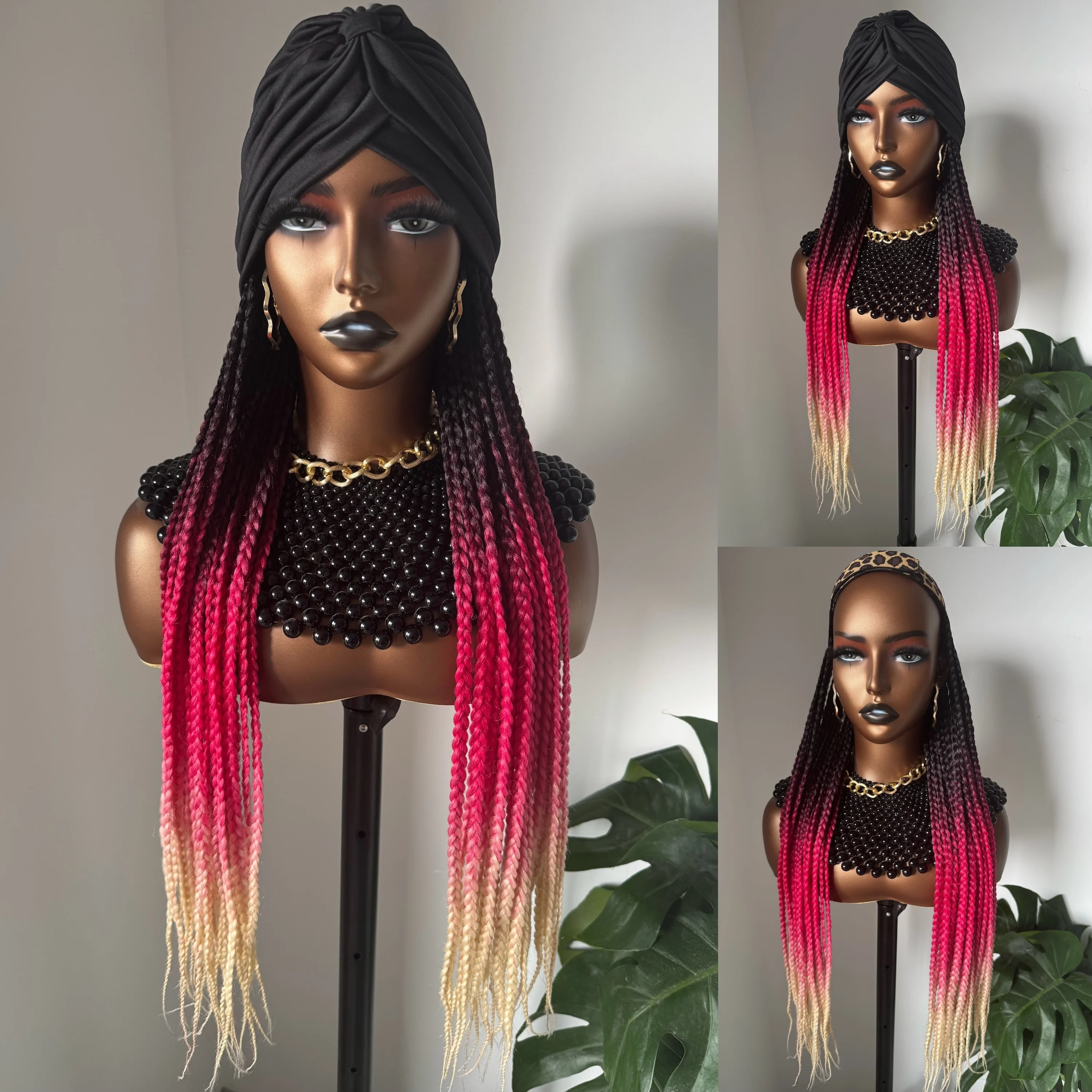 Long 24Inch Ombre Black Rose Red Beige Honey Blonde Braided Synthetic Wig With Headband Turban Braiding Hair Extensions For Wome
