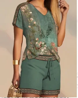 Dwuczęściowe zestawy damskie 2024 Summer New Elegant Floral Tribal Print Top & Drawstring Casual Fashion Drawstring Shorts Set