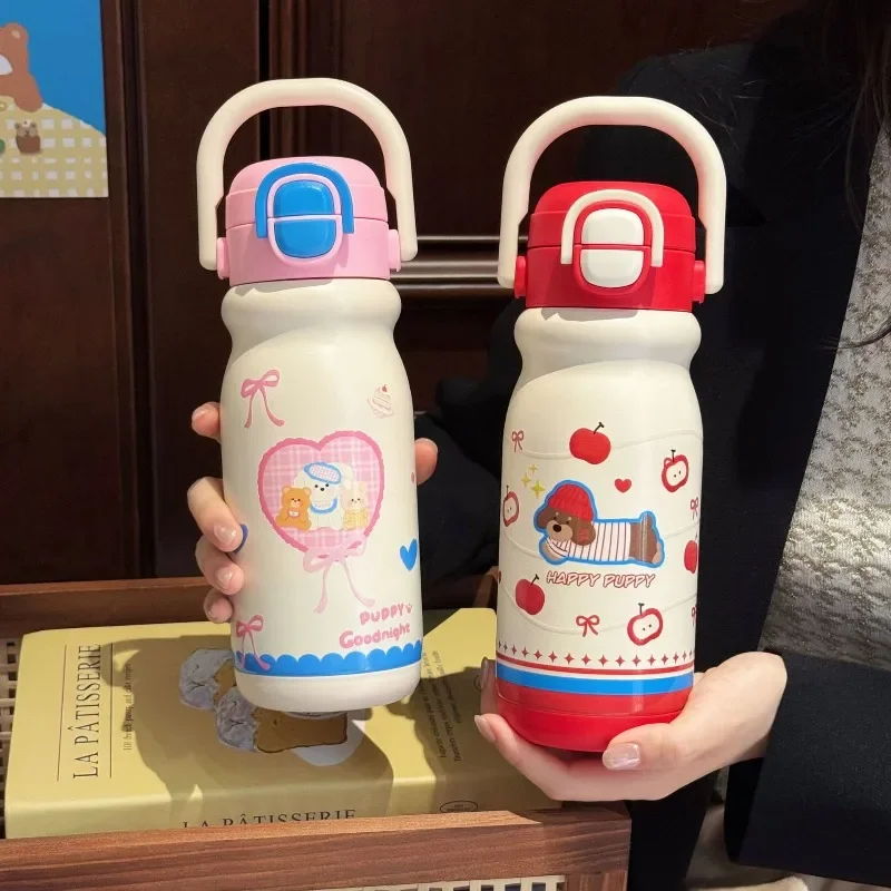

500 мл Kawaii термобутылка для воды для пары, милый стакан для кофе, чая, сока, термос из нержавеющей стали с соломенной ручкой, подарок
