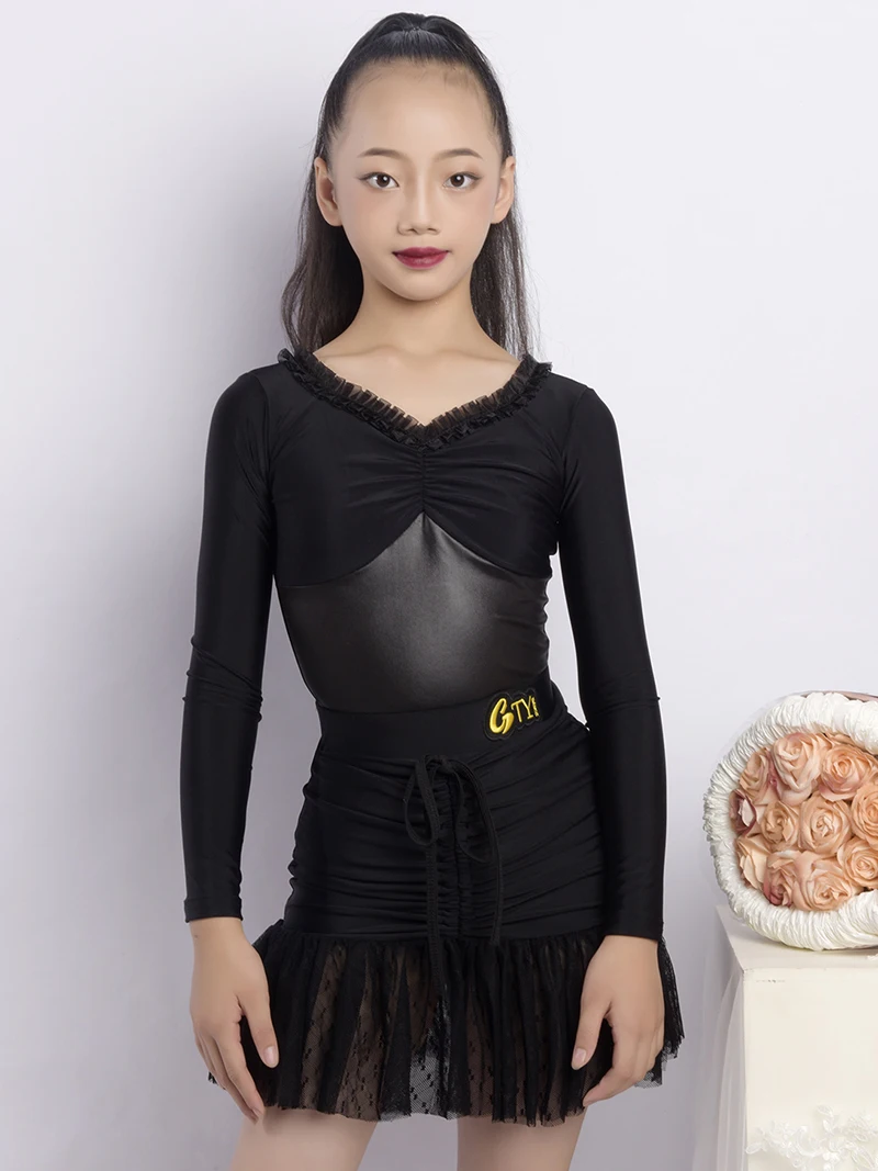 Ensemble de vêtements de danse latine pour enfants filles, body en cuir à manches longues et jupes à cordon de serrage, Costumes de danse pour spectacle sur scène