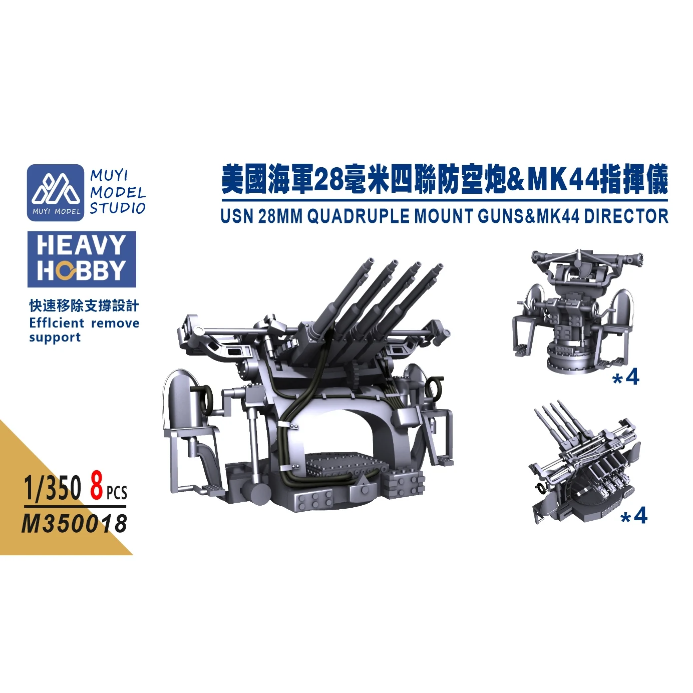 ชุดพิมพ์ 3 มิติ MUYI MODEL STUDIO ขนาด 1/350 รุ่น M350018 ปืนใหญ่ติดตั้งแบบสี่ลำกล้อง 28 มม. ของกองทัพเรือสหรัฐฯ พร้อมตัวควบคุม MK44