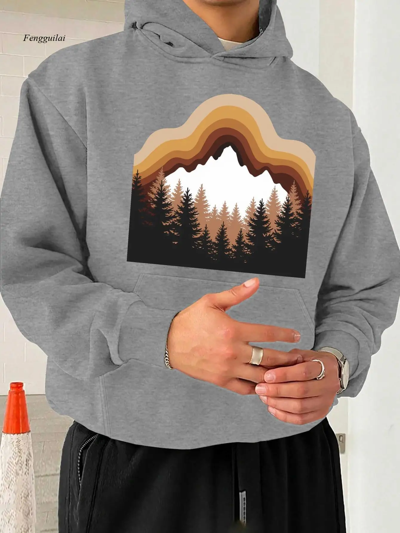 Sudadera con capucha | Silueta forestal Evergreen Mountain Range, tela no elástica, corte holgado, manga larga