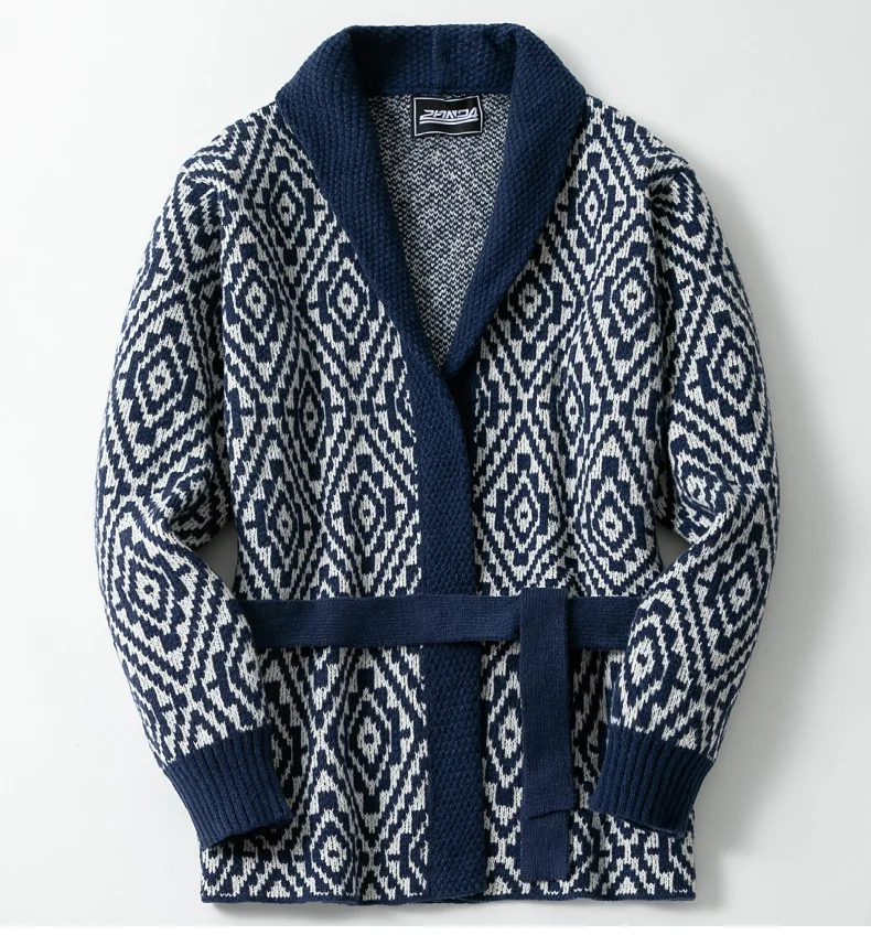 

Мужской свитер в европейско-американском стиле с ромбовидным жаккардовым узором, открытый спереди, средней длины, утолщенный дизайн