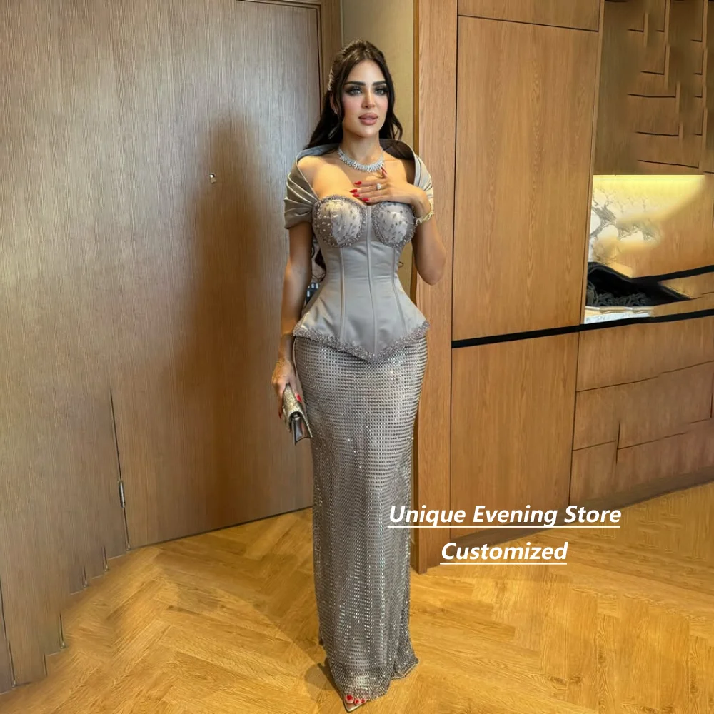 Customized Gray Mermaid Mother of the Bride Dresses Off Shoulder Corset Beaded Bust Full Rhinestone Mesh Wedding Guest Dress