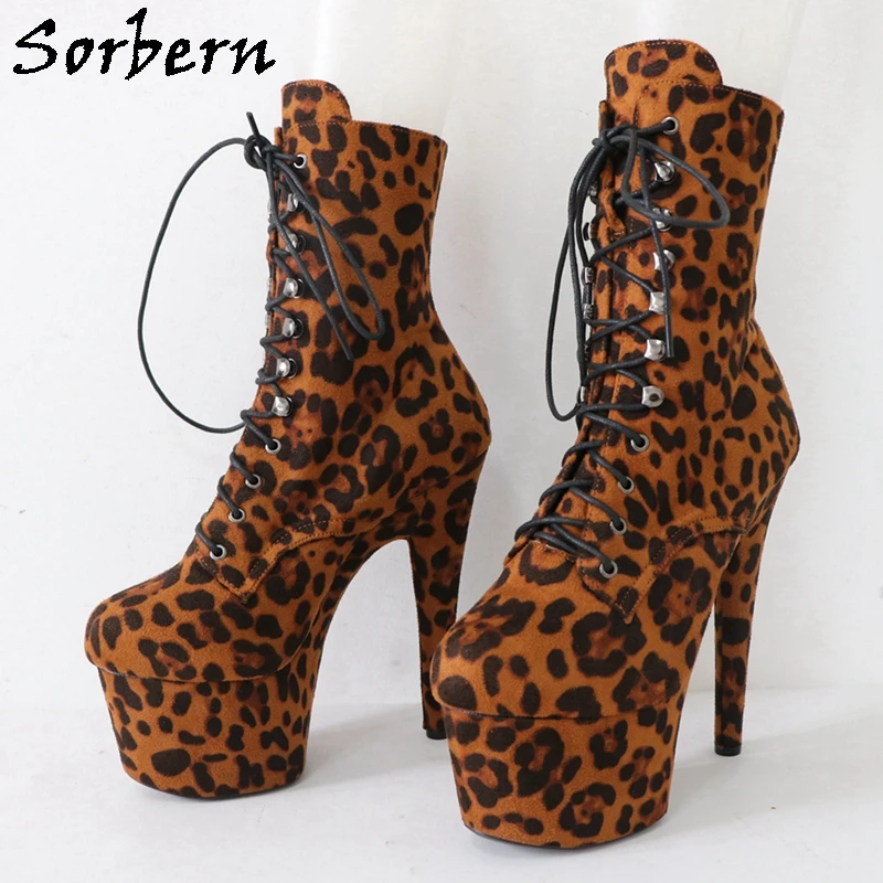 Sorbern 17Cm Leopard Pole Dance Boots Women Faux Suede Stripper High Heel Wrapped Heeled Lace Up Round Toe Custom Color