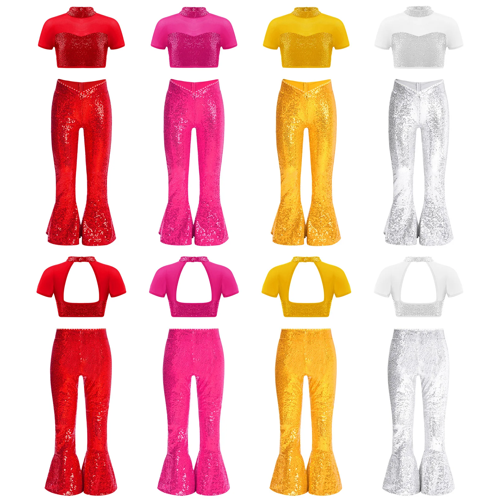 أطفال بنات لامعة الترتر الجاز الرقص الزي قصيرة الأكمام شبكة انقطاع المحاصيل الأعلى مع سستة جرس أسفل السراويل الرقص الحديث زي