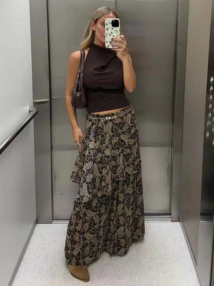 エレガントなプリント柄のレースアッププリーツロングスカート、女性用ルーズハイウエストAラインミディスカート、2025年秋レディースパーティーイブニングウェア