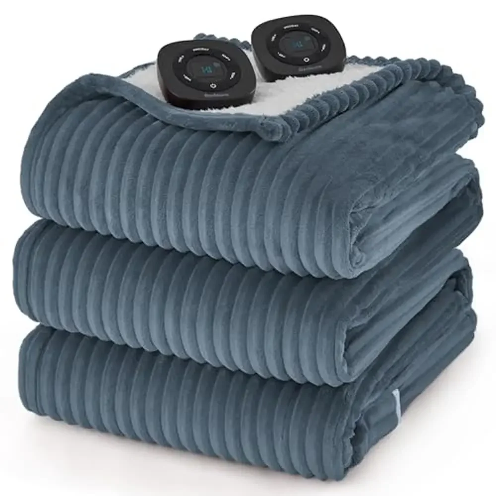 King Size Electric Blanket Soft Ribbed Flannel Heated Blanket Dual Control 10 Heat Settings & 10 Time Safer Warmth Easy Use