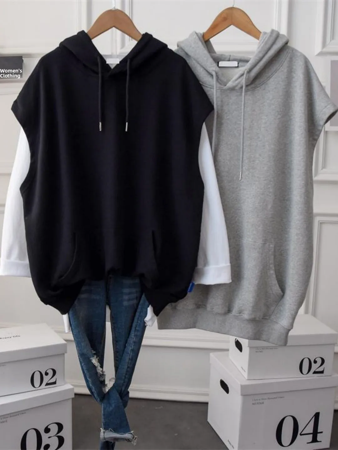 plus Size Korean Style Simple Design Mid-Length Sleeveless Vest Hoodie Large Size 300 Pounds Comfortable Loose Fit Sweatshirt