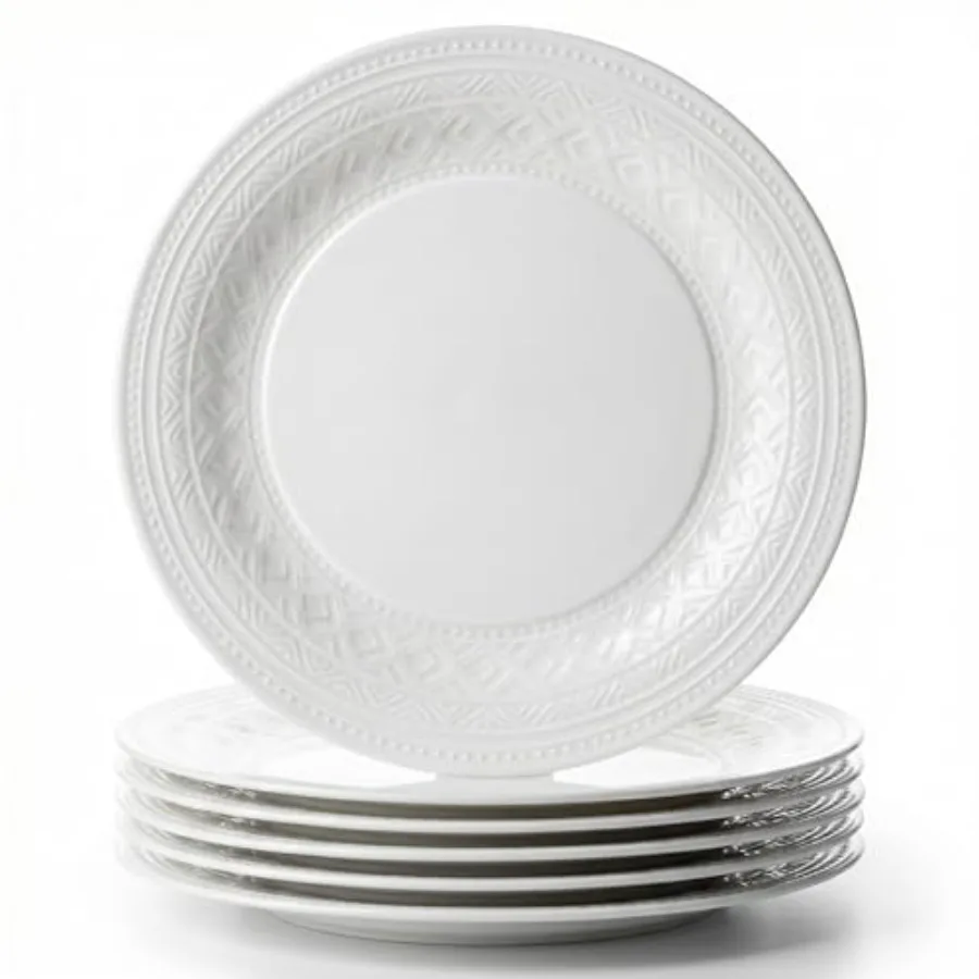 

Bone China Salad Plates Set of 6, 8 Inch Dessert Plates Embossed Geometric Rim, Small Serving Plates for Salad, Appetizers, Sna