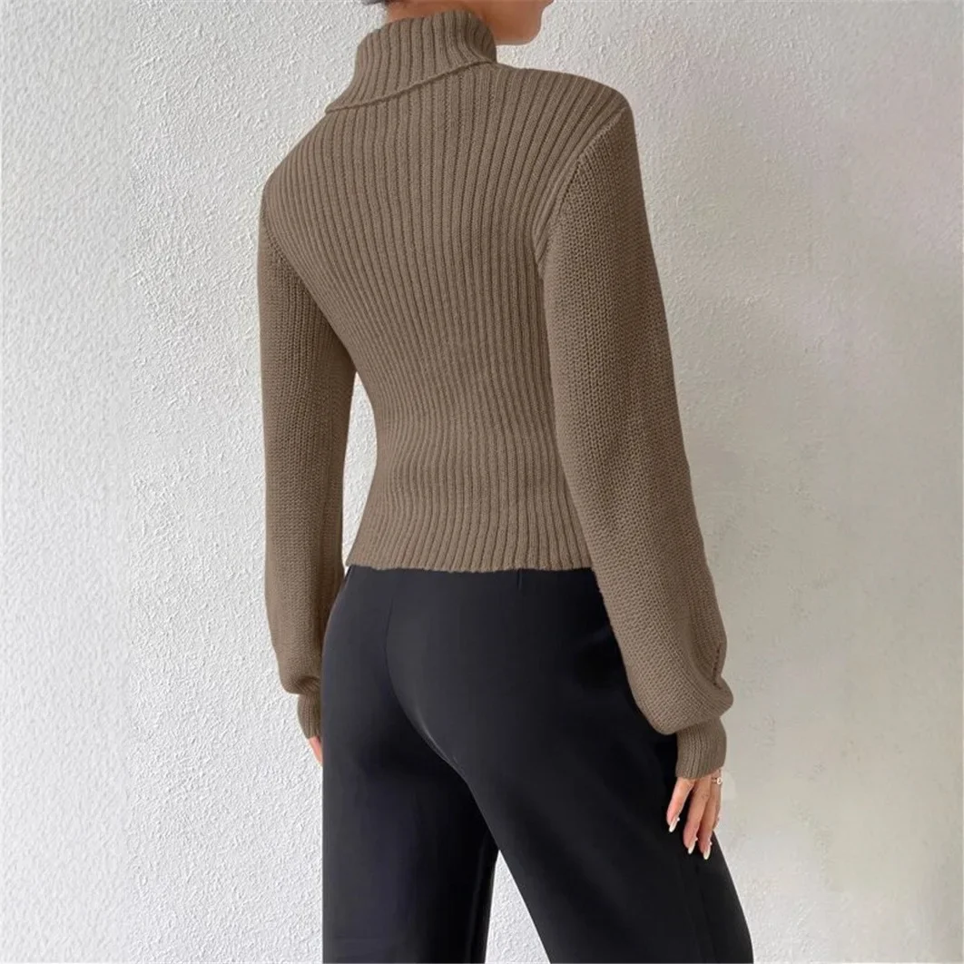Women Turtleneck Cutout Knit Sweater Lantern Long Sleeve Ribbed Slim Fit Pullover Elegant Ladies Fall Winter Jumper