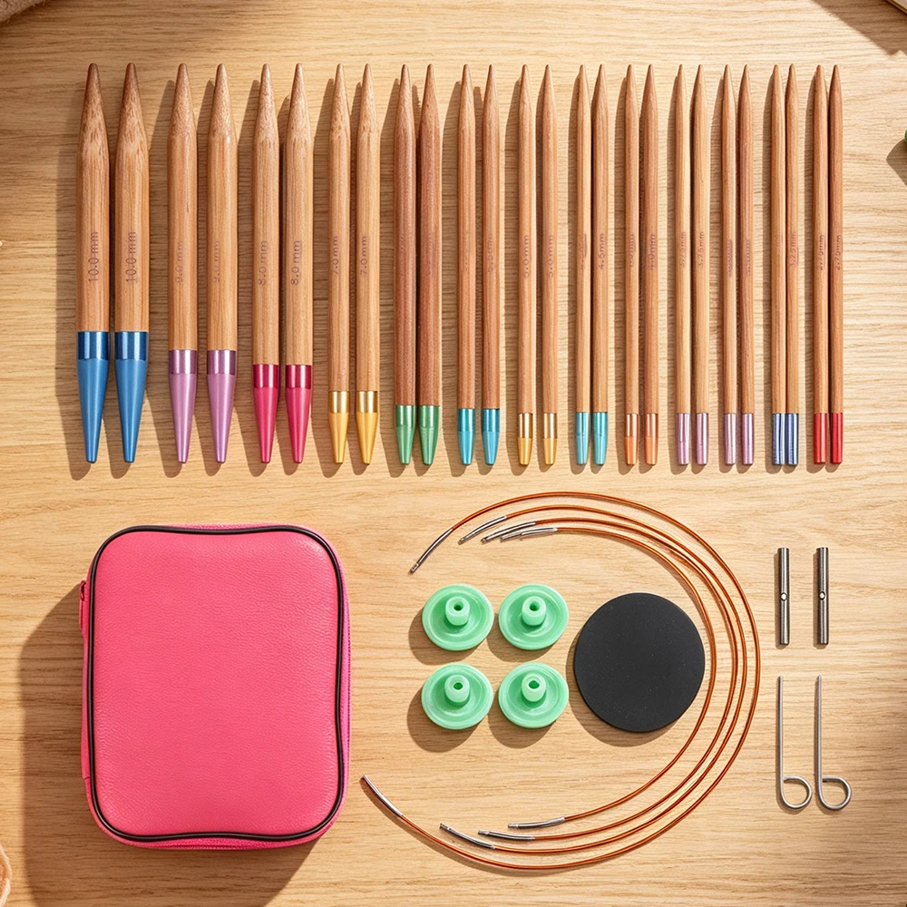 QJH Interchangeable Knitting Wooden Needles Set- Standard Length Size US2-US15 / 2.75mm-10mm PU Storage Bag - Gift Hobby