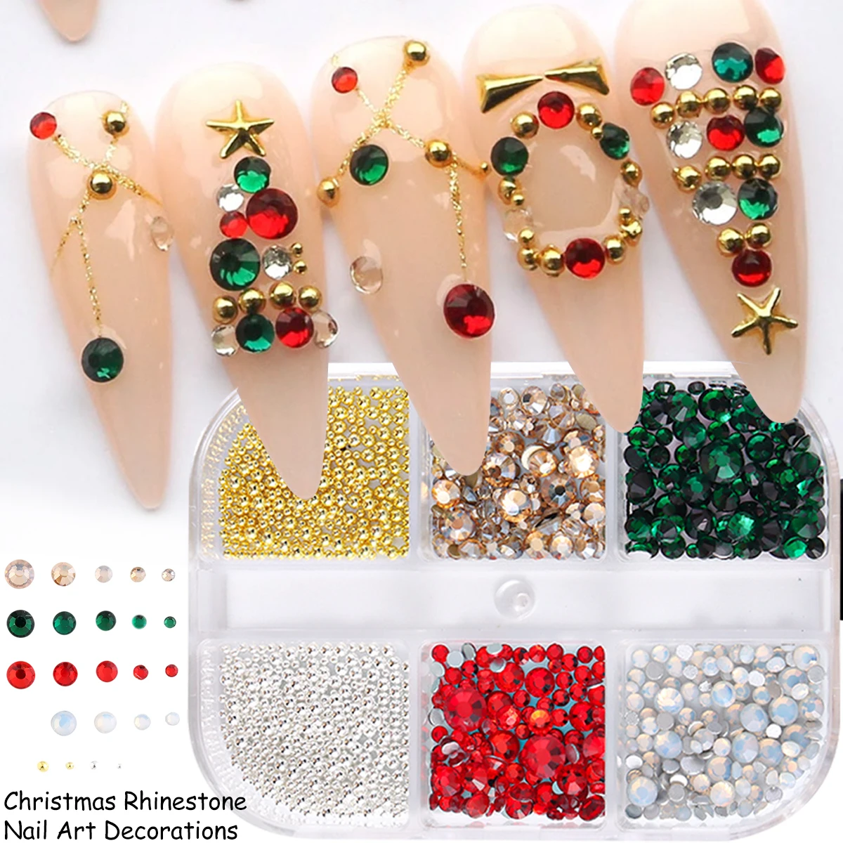 Christmas-themed nail rhinestones—multi-colored and multi-sized rectangular flat-back stones—for DIY New Year nail art decoratio