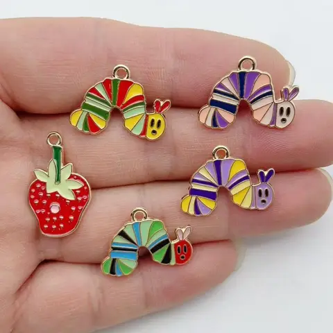 10pcs Funny Caterpillar Strawberry Alloy Pendant Personalized Cartoon Bug Shaped DIY Accessories