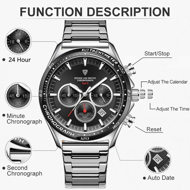 LIGE Fashion Silver Man Watch Businsess Stainless Steel Watches Mens Waterproof Luminous Date Quartz Wrist Watch for Men Clock