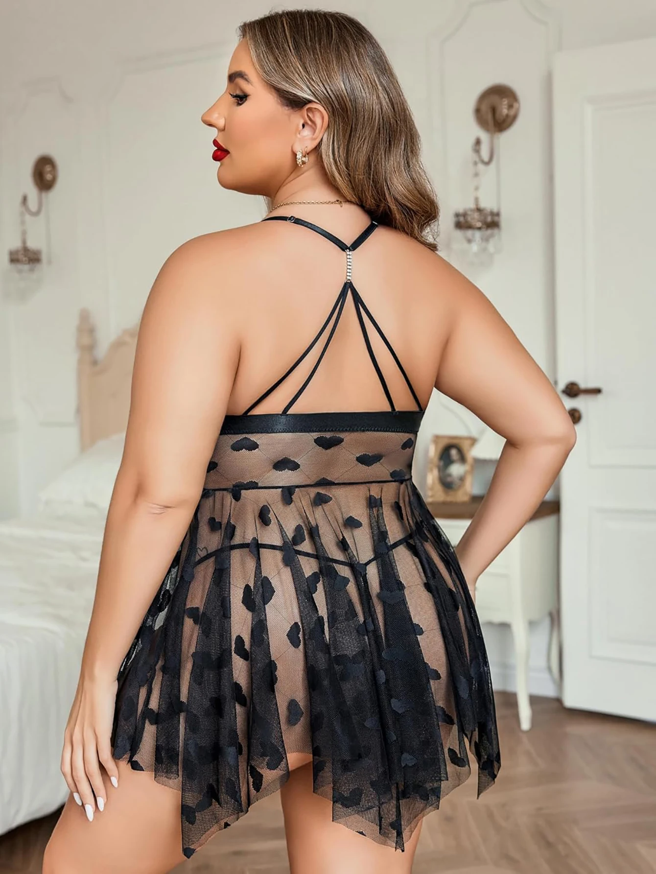 Plus Size Heart Pattern Lace Babydoll Lingerie for Women - Sheer Mesh Deep V-Neck Chemise Nightgown with Front Closure Thong Set
