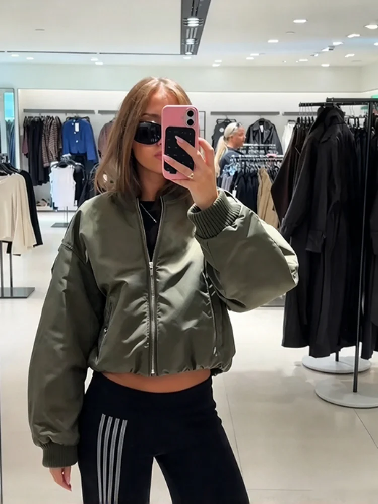 Chic Olive Green Short Bomber Short Coat Zip Up Ribbed Cuff Hem Long Sleeve Jacket Minimalist Fall Daily Fall Street Outerwear