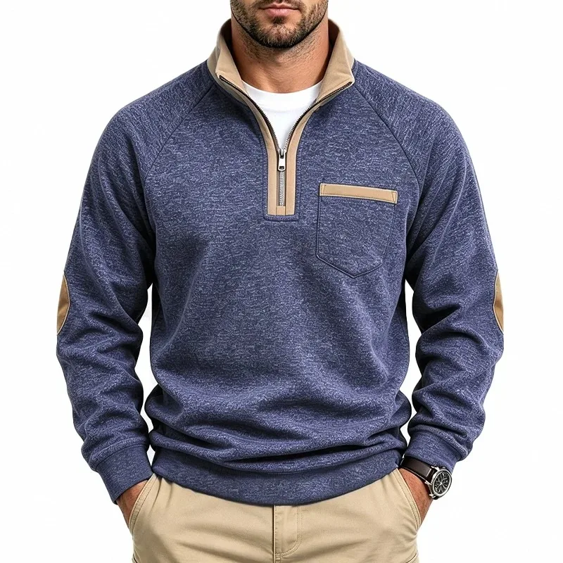 Men's Autumn and Winter One-Piece Fleece-Lined Heavy Half-Zip Stand Collar Cationic Patch Casual Loose Long-Sleeve Sweatshirt