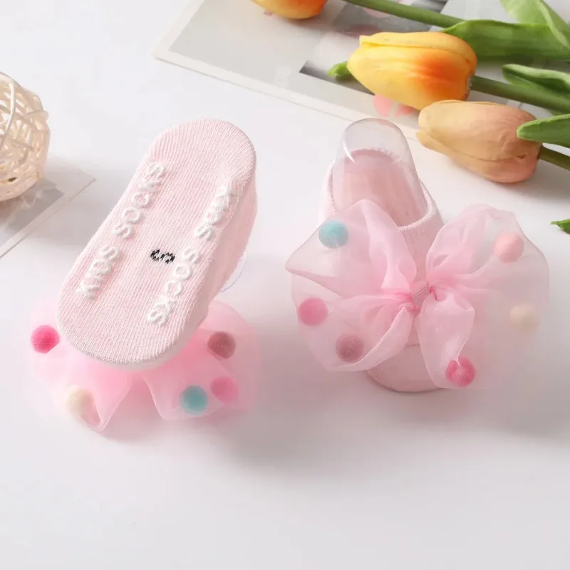 Baby Girl Home Short Socks Lace Bow Infant Anti Slip Trampoline Socks Newborn Princess Ankle Socks Children Floor Shoes