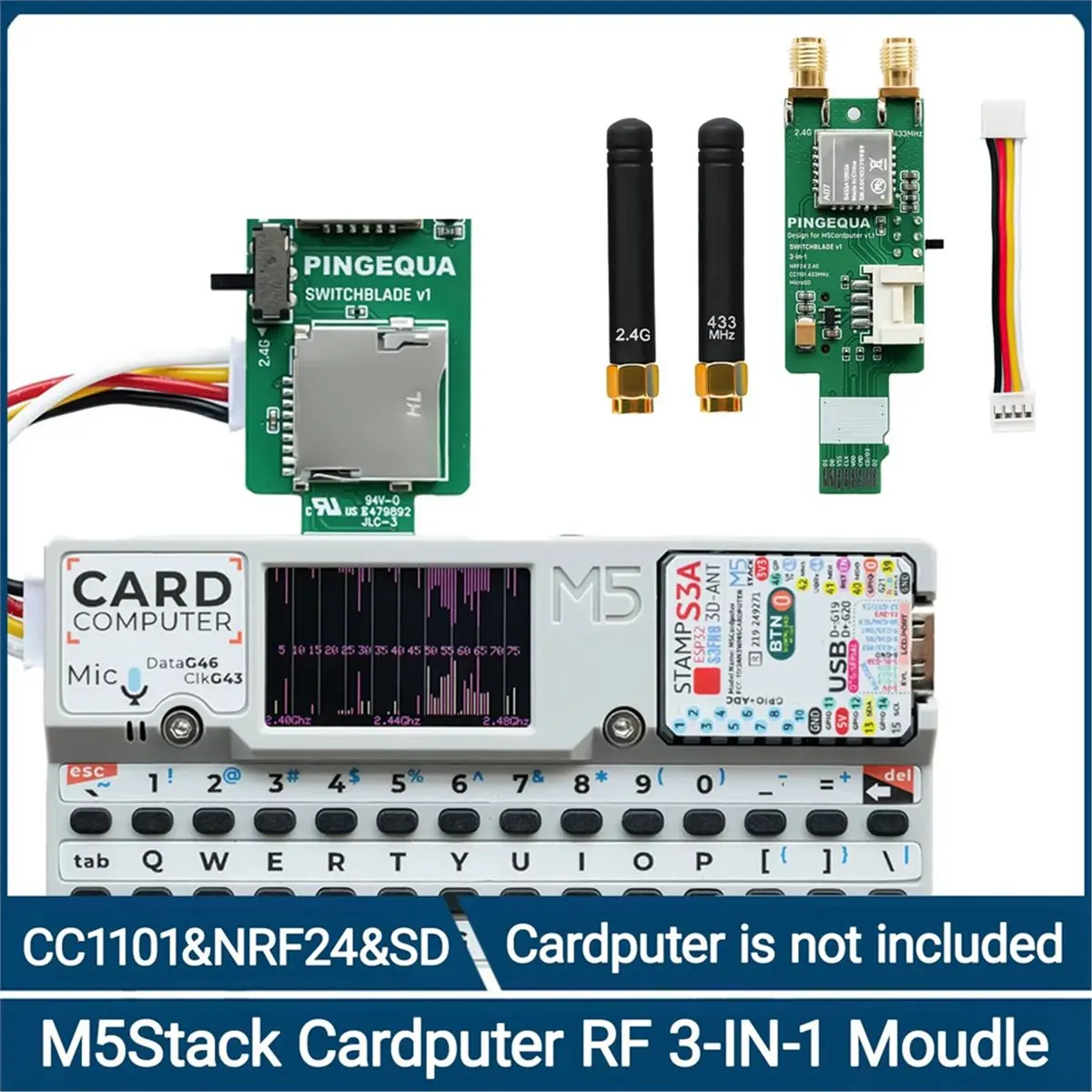 

Плата для Cardputer V1.1, трансивер NRF24L01+ PA/ и CC1101 Sub-GHz с разъемом MicroSD, Plug & Play