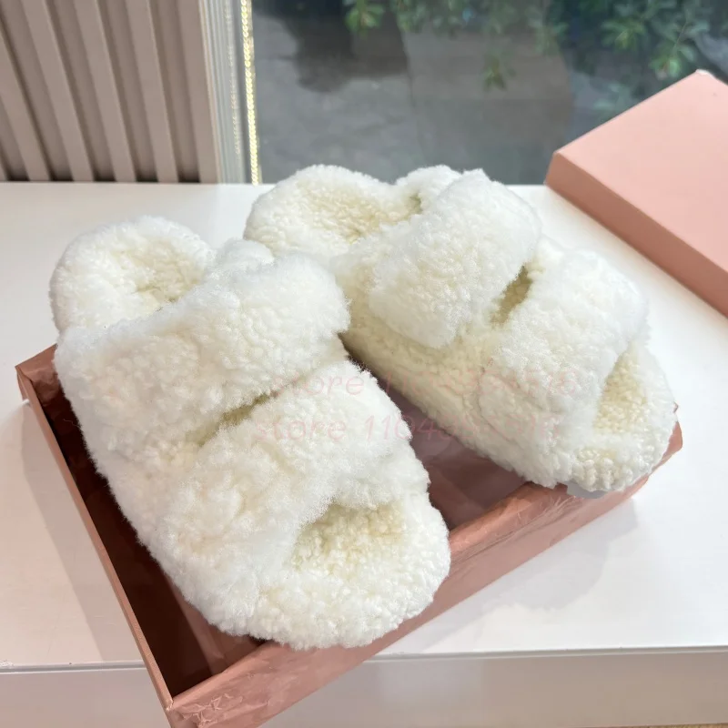 

Women's Open Toe Fuzzy Slippers Round Toe Flat Plush Sandals White Fashion Soft Home Lounge Slides Ladies Elegant Outdoor Shoes