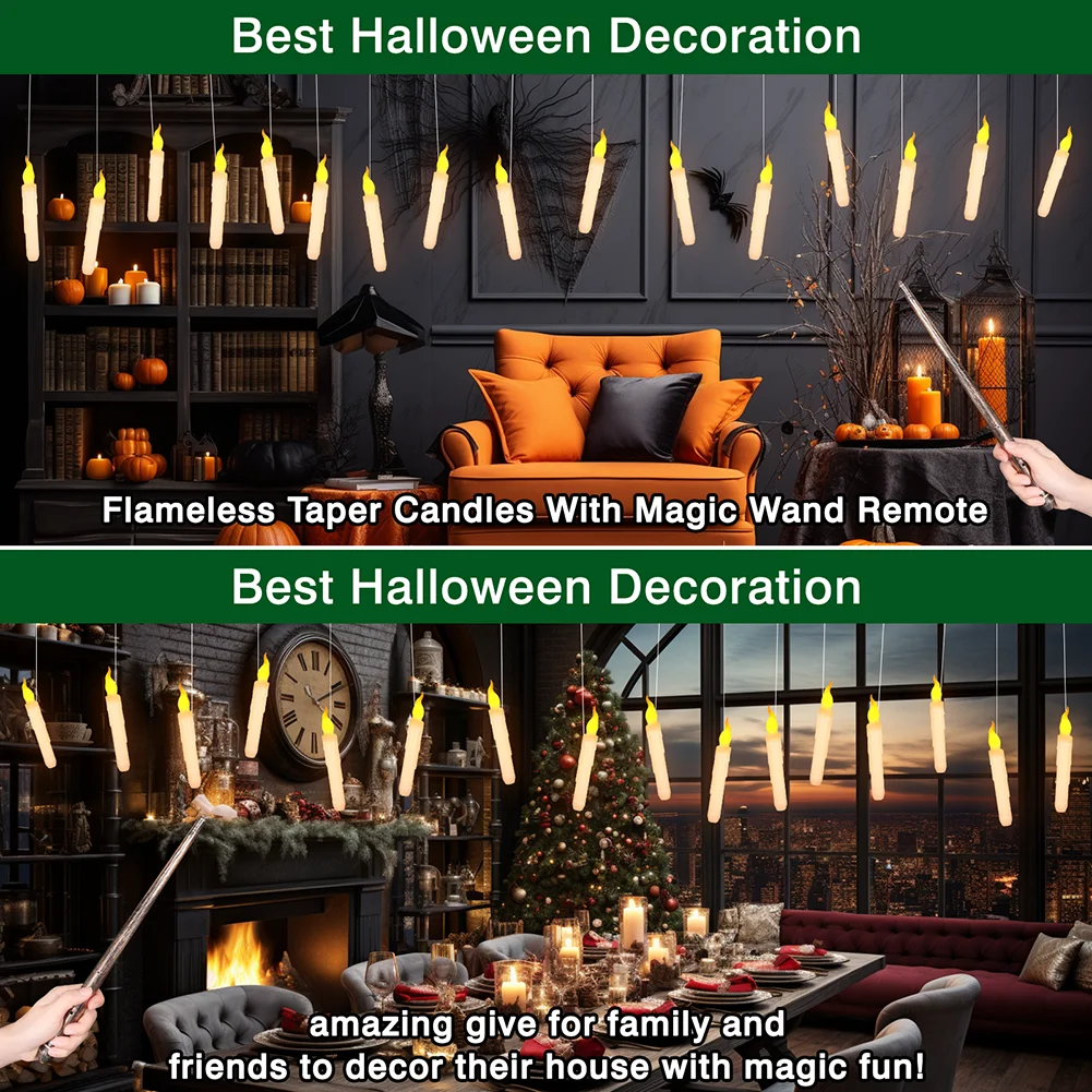 Set of 12/24 Hanging Floating Candles with Magic Wand LED Flickering Candles Flameless Battery Operated for Halloween Xmas Party