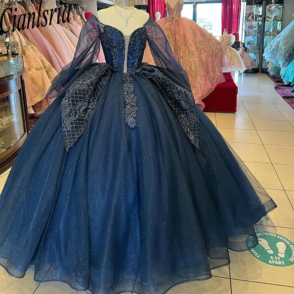 Manga comprida Ruffles Vestidos Quinceanera, azul marinho, vestido de baile, apliques de cristal, renda princesa, doce 15 aniversário