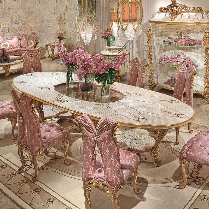 

European dining table and chairs solid wood carving flower oval shell parquet large apartment